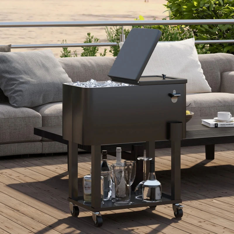 Outsunny Carrinho Refrigerador de Bebidas de 56L com Rodas Abridor de Garrafas e Prateleira para Pátio Festas 67x35x80 cm Preto