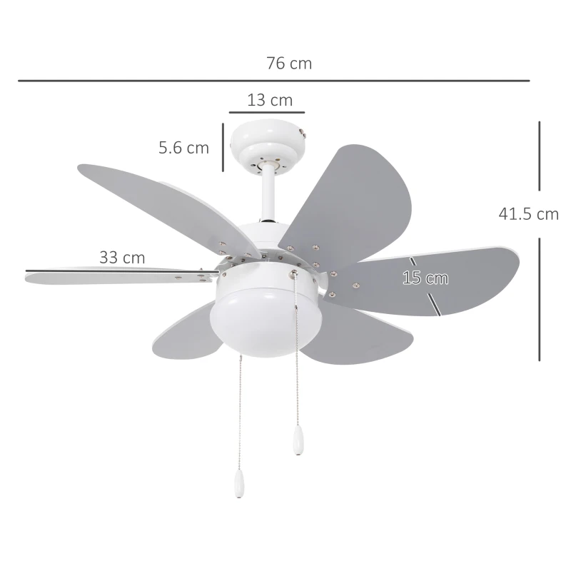 HOMCOM Ventilator de Tavan cu Lumină, Ventilator cu Montaj Incastrat, 6 Palete Reversibile și Întrerupător cu Lanț, Ø76x41.5 cm, Gri