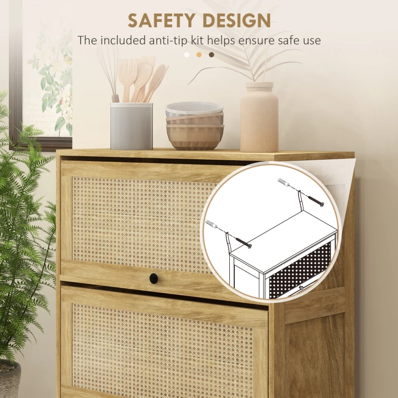 HOMCOM Dulap de Bucatarie Boho, Dulap de Depozitare de Bucatarie din Ratan cu 4 Usi Rabatabile, Natur