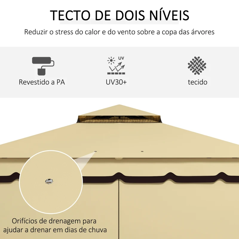 Outsunny Pérgola de Jardim 370x300x275 cm com 4 Paredes Laterais 4 Mosquiteiros Teto Duplo Impermeável e Anti-UV para Terraço Bege