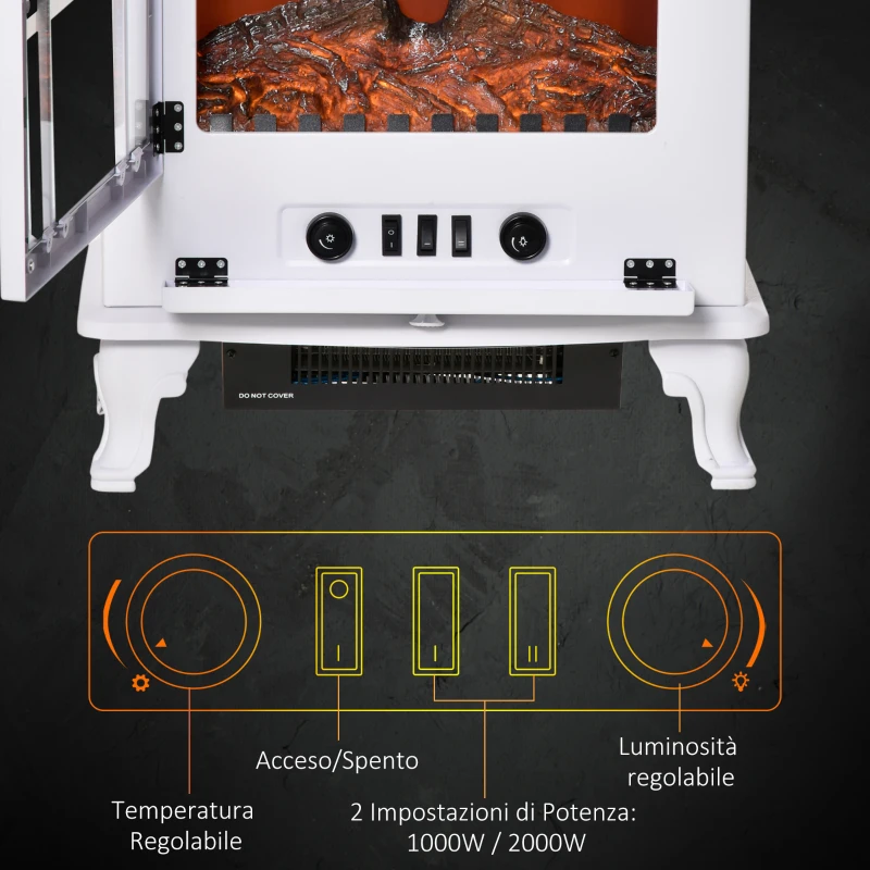 HOMCOM Camino Elettrico Portatile 1000/2000W con Fiamma LED Realistica, per Aree di 25m², Bianco