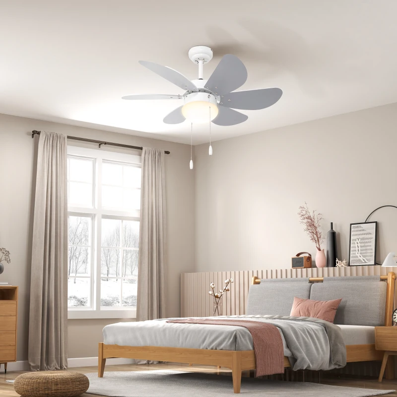 HOMCOM Ventilator de Tavan cu Lumină, Ventilator cu Montaj Incastrat, 6 Palete Reversibile și Întrerupător cu Lanț, Ø76x41.5 cm, Gri