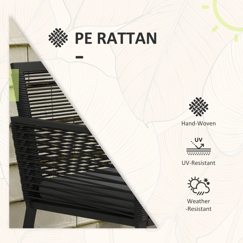 Outsunny Set de Mobilier de Grădină din 3 Piese din Ratan, Set cu Masă din Sticlă Securizată și Perne Moi, 53x57x77 cm, Negru