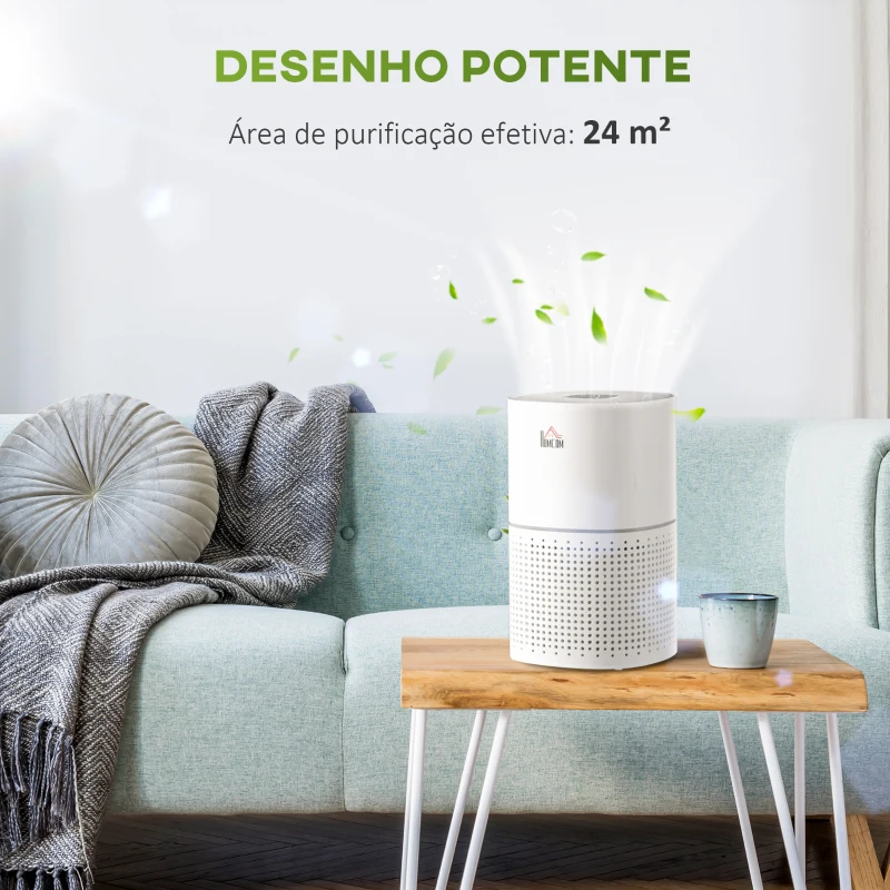 HOMCOM Purificador de Ar com Filtro HEPA de 3 Capas CADR 225 m³/h até 24 m³ Purificador de Mesa com Ecrã LED 4 Velocidades Temporizador Modo Noturno e Silencioso 22,7x22,7x36cm Branco