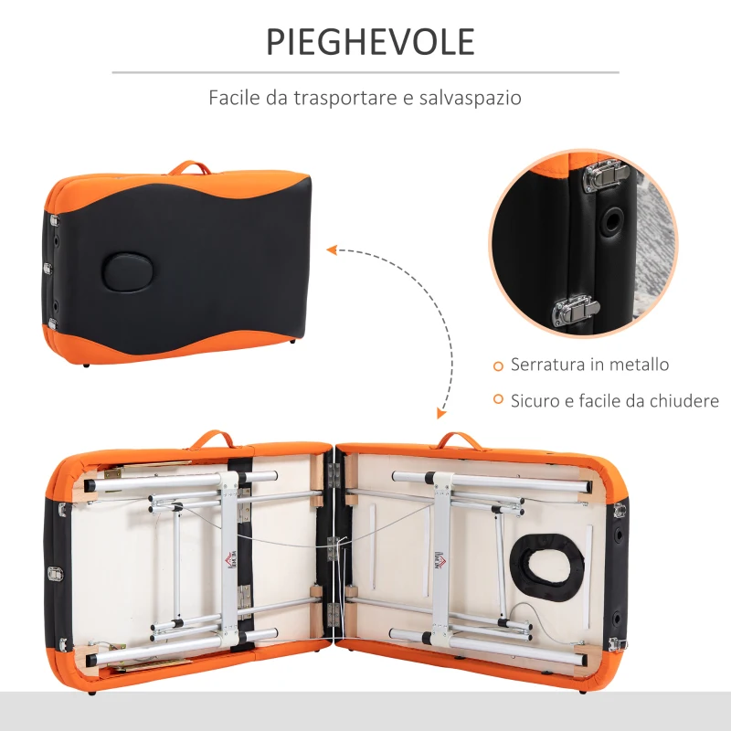 HOMCOM Lettino Massaggi Pieghevole, Portatile e Regolabile 185x60cm Nero e Arancione