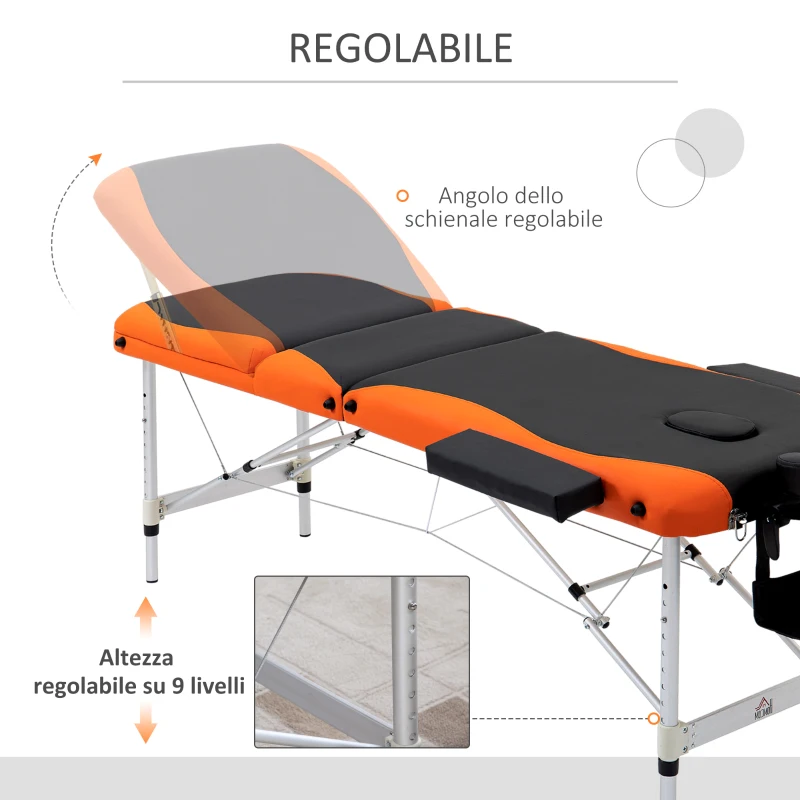 HOMCOM Lettino Massaggi Pieghevole, Portatile e Regolabile 185x60cm Nero e Arancione