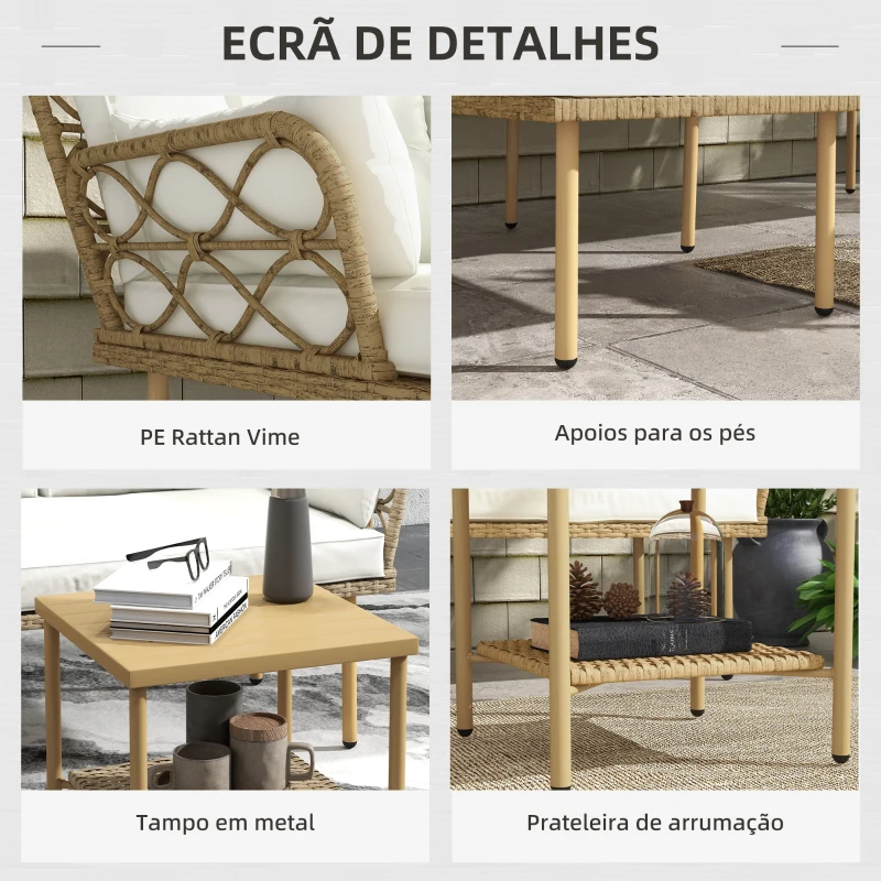 Outsunny Conjunto de Jardim de 3 Peças em Vime Sintético com 1 Sofá de 2 Lugares 1 Sofá de Canto e 1 Mesa de Centro Natural e Creme