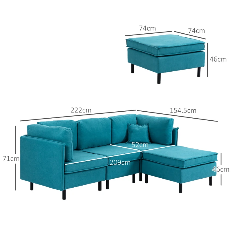 HOMCOM Canapea Secțională Convertibilă, Canapea în Formă de L cu Taburet Otoman Reversibil și Perne, 222x154,5x71 cm, Albastru