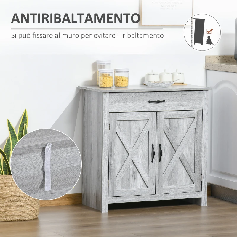 HOMCOM Credenza Cucina Country con Armadietto a 2 Ante e Cassetto, 80x39.7x80cm, Grigio