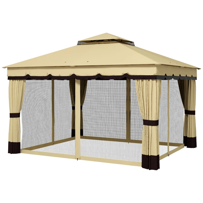 Outsunny Pérgola de Jardim 370x300x275 cm com 4 Paredes Laterais 4 Mosquiteiros Teto Duplo Impermeável e Anti-UV para Terraço Bege