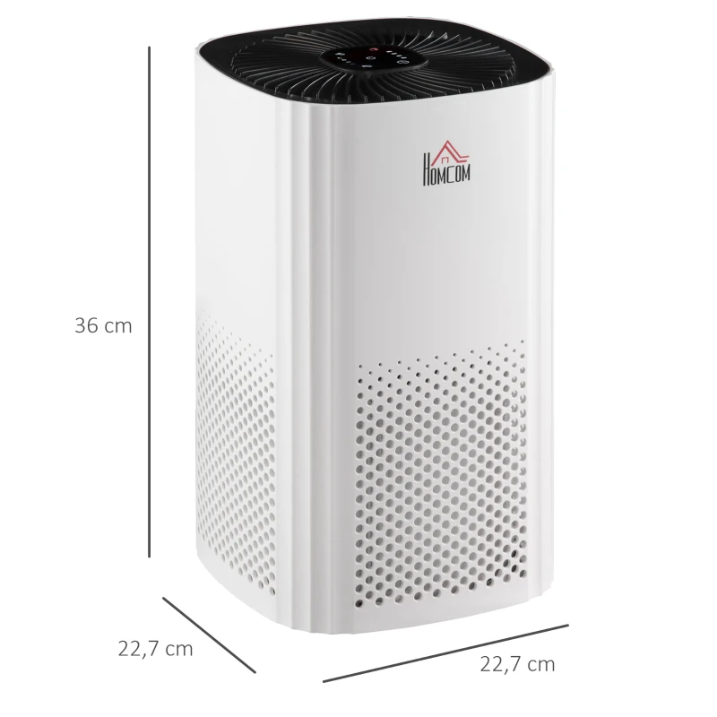 HOMCOM Purificador de Ar com Filtro HEPA de 3 Capas CADR 225 m³/h até 24 m³ Purificador de Mesa com Ecrã LED 4 Velocidades Temporizador Modo Noturno e Silencioso 22,7x22,7x36cm Branco