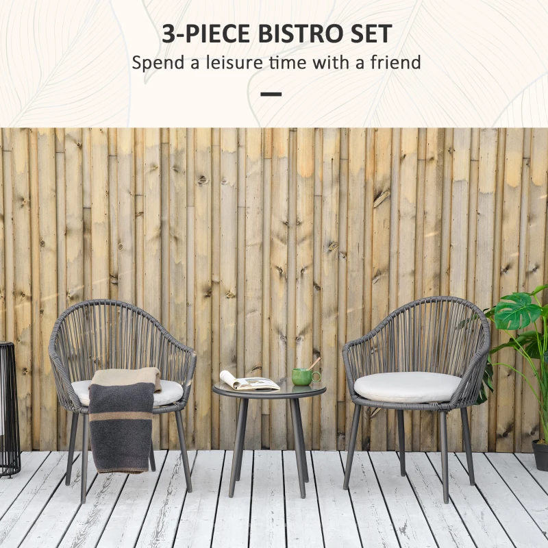 Outsunny Set Bistro de Terasă din 3 Piese, Set de Mobilier din Rachiță cu 2 Fotolii și Masă de Sticlă, 65x63x80 cm, Gri