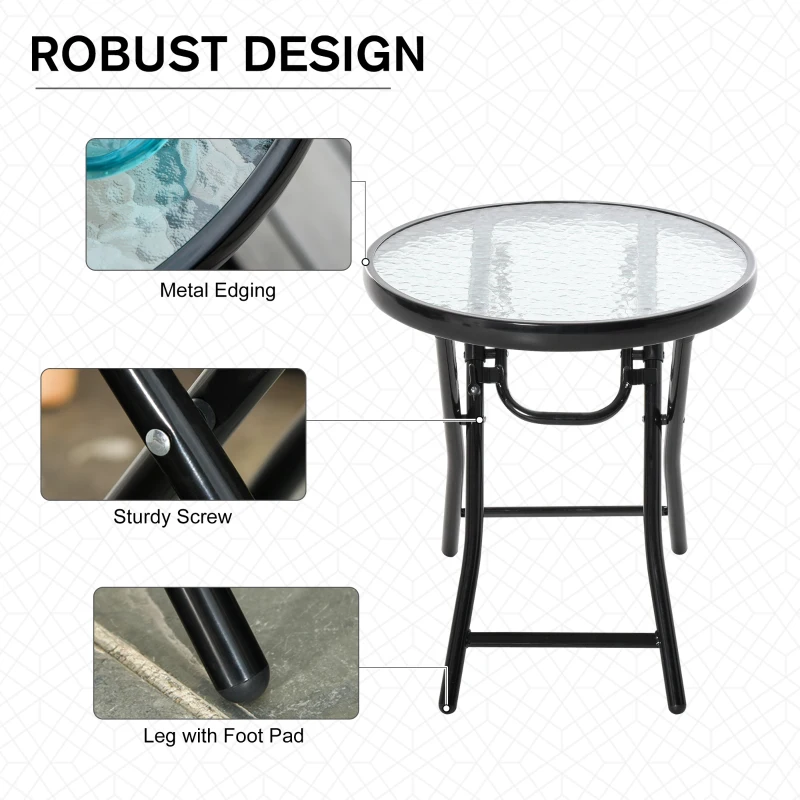 OUTSUNNY Φ45cm Garden Round Table Foldable Dining Table with Safety Buckle Glass Tabletop Metal Covered Edge for Patio Garden Outdoor Indoor Space