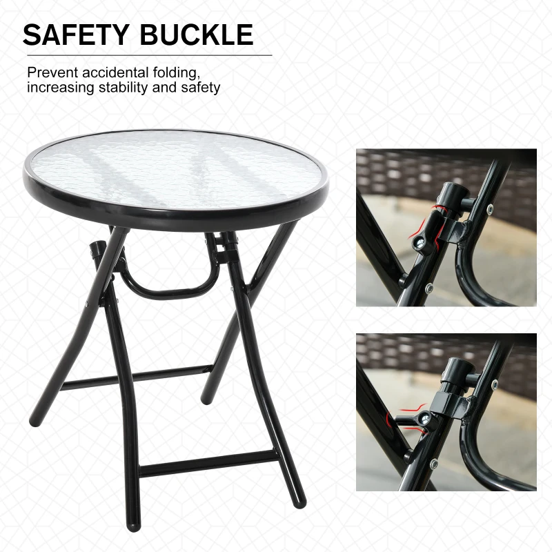 OUTSUNNY Φ45cm Garden Round Table Foldable Dining Table with Safety Buckle Glass Tabletop Metal Covered Edge for Patio Garden Outdoor Indoor Space