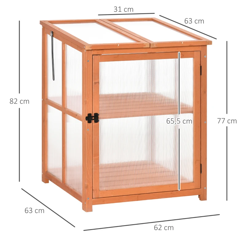 Outsunny Mini Serra da Giardino Serra in Legno e Pannelli in Policarbonato con 2 Ripiani Coperchi e Porta per Piante Orto Giardino 62x63x82 cm Legno