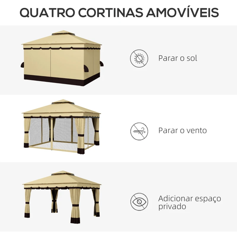Outsunny Pérgola de Jardim 370x300x275 cm com 4 Paredes Laterais 4 Mosquiteiros Teto Duplo Impermeável e Anti-UV para Terraço Bege