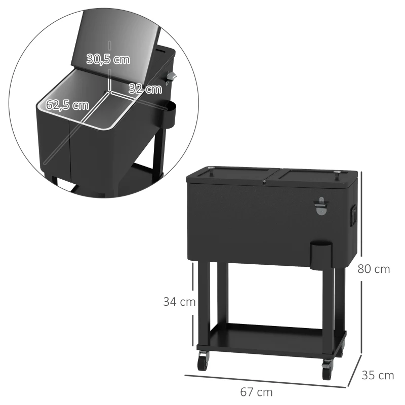 Outsunny Carrinho Refrigerador de Bebidas de 56L com Rodas Abridor de Garrafas e Prateleira para Pátio Festas 67x35x80 cm Preto