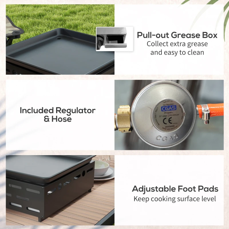 Outsunny Planșă Gratar pe Gaz cu 2 Arzătoare din Oțel Inoxidabil, Gratar Portabil pe Gaz cu Blat Antiaderent, 44x44,5x19 cm, Negru
