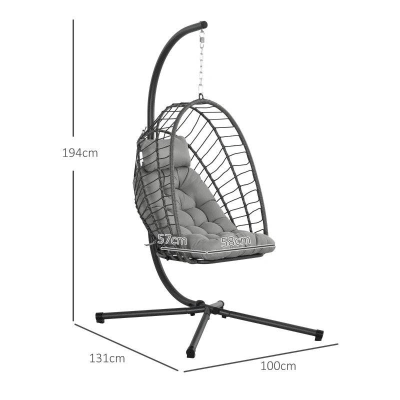 Outsunny Scaun Balansoar din Ratan PE pentru Exterior, cu Perna Groasa Captusita, Scaun Suspendat cu Cos Pliabil