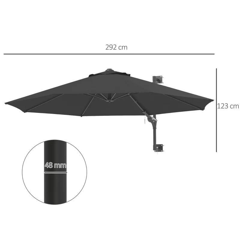 Outsunny Umbrelă de Grădină pentru Perete, Umbrelă cu Rotire la 180°, Manivelă și 8 Spițe cu Montare pe Perete, Ø2.92x1.23 m, Gri