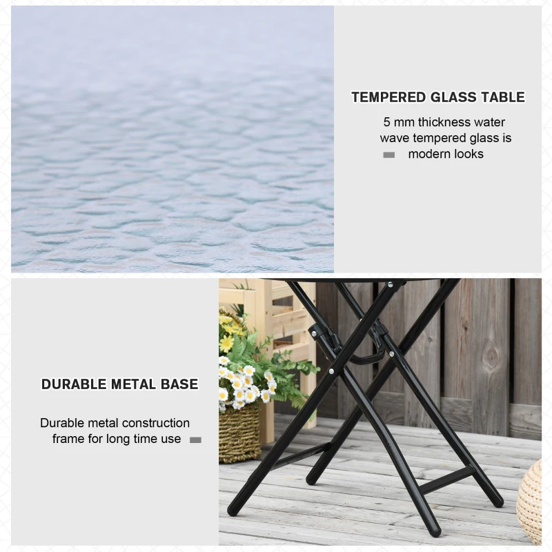 OUTSUNNY Φ45cm Garden Round Table Foldable Dining Table with Safety Buckle Glass Tabletop Metal Covered Edge for Patio Garden Outdoor Indoor Space