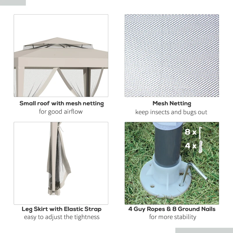 Outsunny Foisor de Gradina cu Plasa de Tantari, Foisor 3x3 m cu Acoperis Dublu si Cadru din Metal, Bej