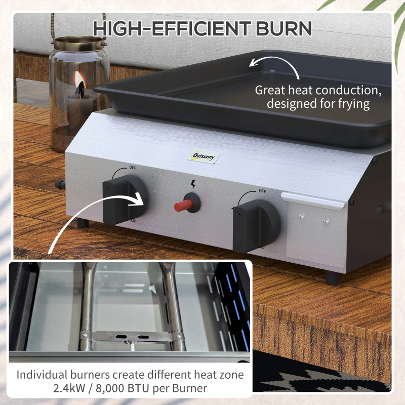 Outsunny Planșă Gratar pe Gaz cu 2 Arzătoare din Oțel Inoxidabil, Gratar Portabil pe Gaz cu Blat Antiaderent, 44x44,5x19 cm, Negru