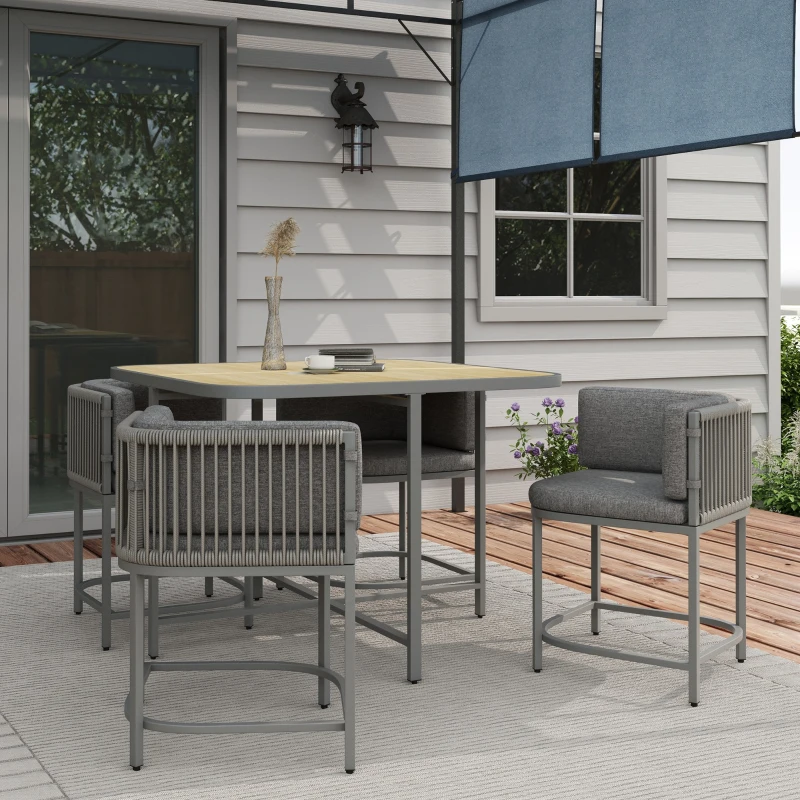 Outsunny 4 Seater Rattan Cube Garden Furniture Set with Cushions, Square Garden Dining Set with Stone Composite Board Top Table, Outdoor Dining Table and Chairs, Grey