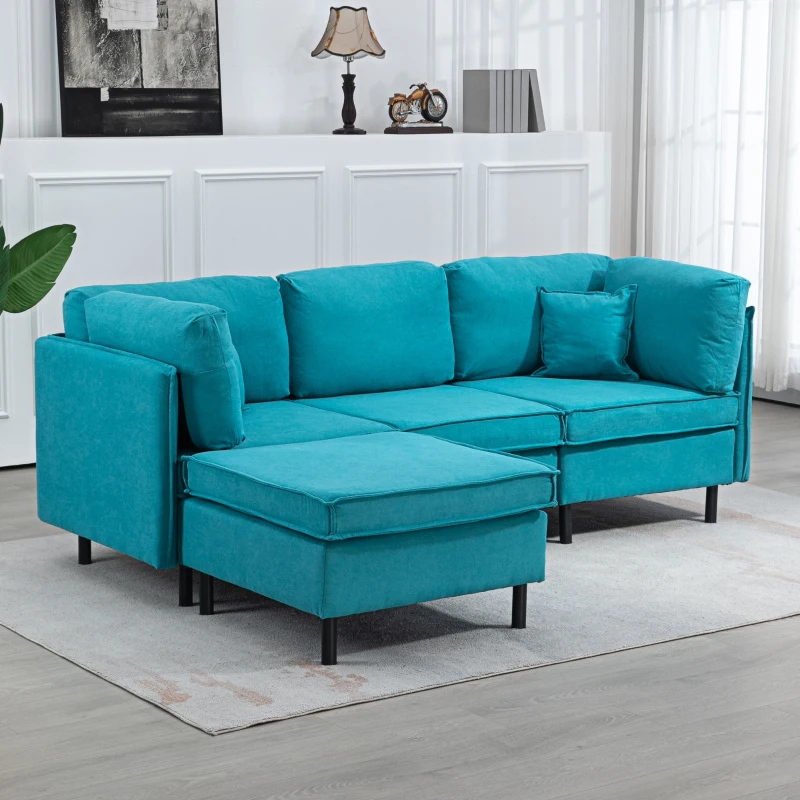 HOMCOM Canapea Secțională Convertibilă, Canapea în Formă de L cu Taburet Otoman Reversibil și Perne, 222x154,5x71 cm, Albastru
