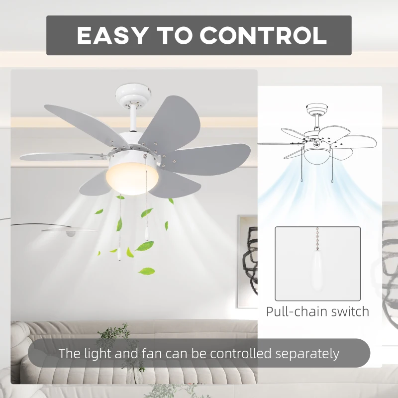 HOMCOM Ventilator de Tavan cu Lumină, Ventilator cu Montaj Incastrat, 6 Palete Reversibile și Întrerupător cu Lanț, Ø76x41.5 cm, Gri