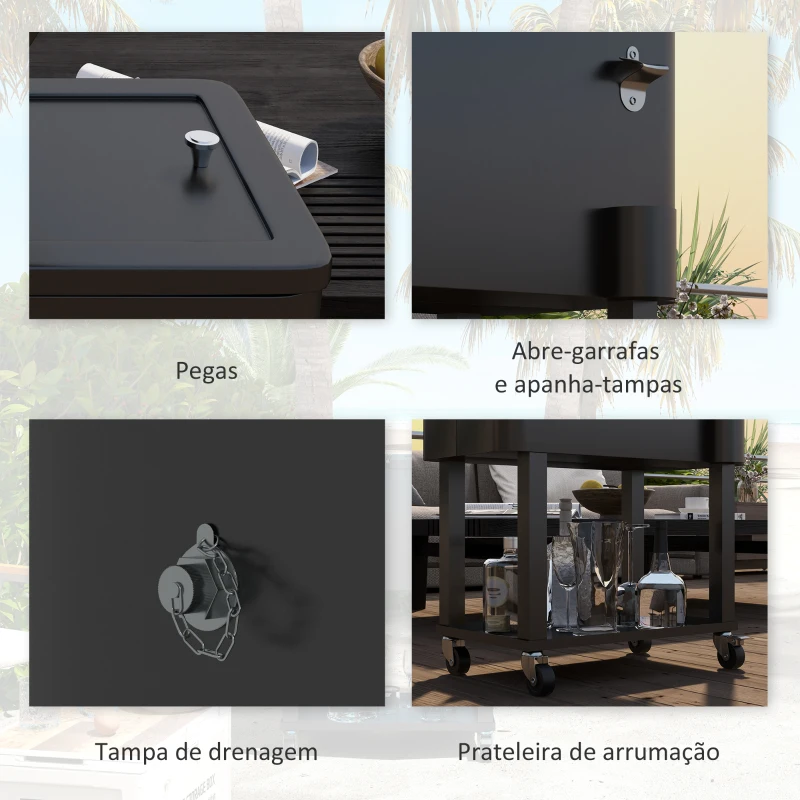 Outsunny Carrinho Refrigerador de Bebidas de 56L com Rodas Abridor de Garrafas e Prateleira para Pátio Festas 67x35x80 cm Preto