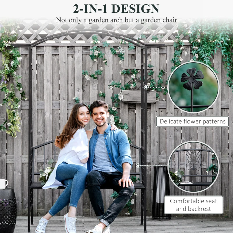 Outsunny Steel Frame Outdoor Garden Arch w/ 2-Seater Bench Flower Climber Black
