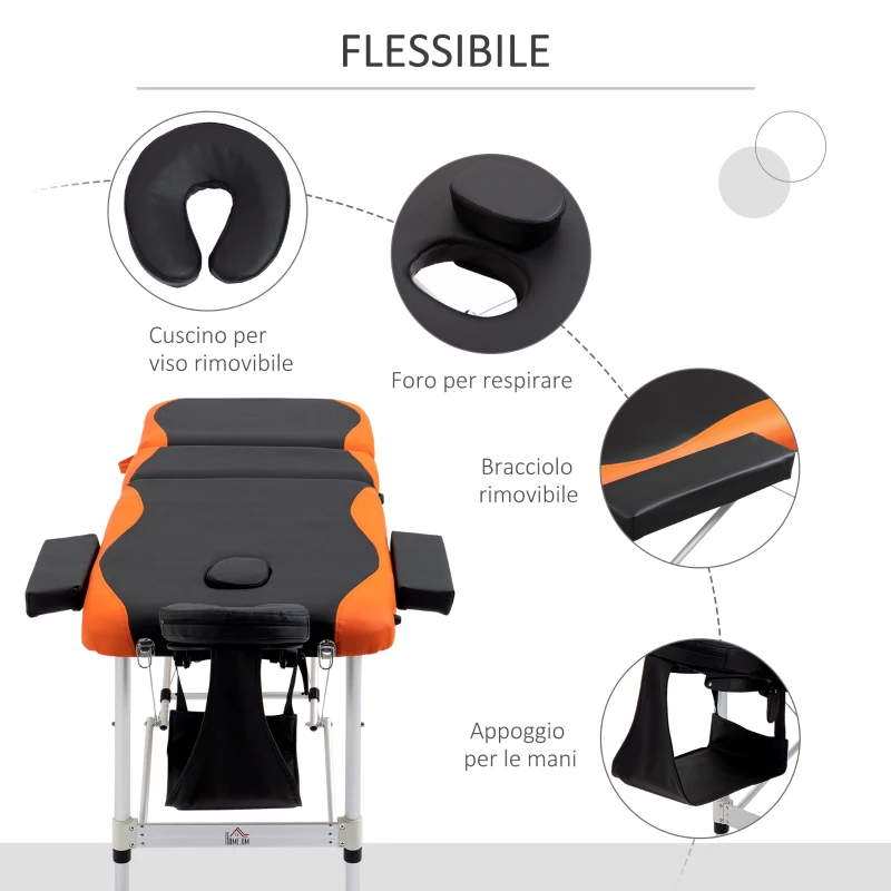 HOMCOM Lettino Massaggi Pieghevole, Portatile e Regolabile 185x60cm Nero e Arancione