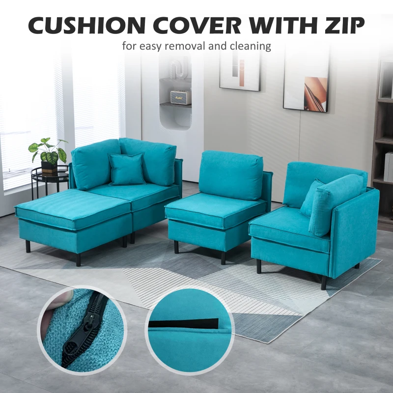 HOMCOM Canapea Secțională Convertibilă, Canapea în Formă de L cu Taburet Otoman Reversibil și Perne, 222x154,5x71 cm, Albastru