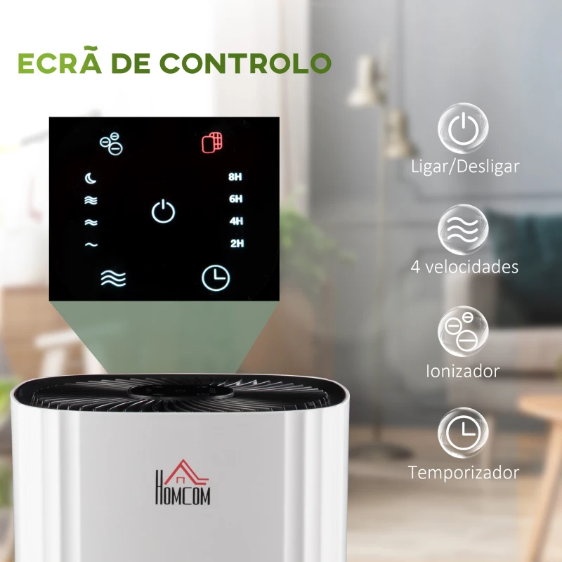 HOMCOM Purificador de Ar com Filtro HEPA de 3 Capas CADR 225 m³/h até 24 m³ Purificador de Mesa com Ecrã LED 4 Velocidades Temporizador Modo Noturno e Silencioso 22,7x22,7x36cm Branco