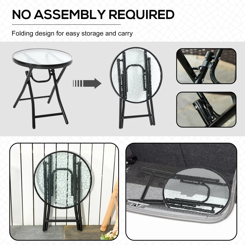 OUTSUNNY Φ45cm Garden Round Table Foldable Dining Table with Safety Buckle Glass Tabletop Metal Covered Edge for Patio Garden Outdoor Indoor Space