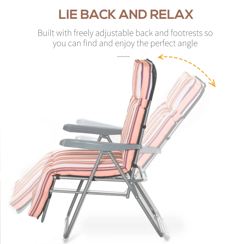Outsunny Set of 2 Garden Sun Lounger Outdoor Reclining Seat Cushioned Seat Foldable Adjustable Recliner, Orange and White