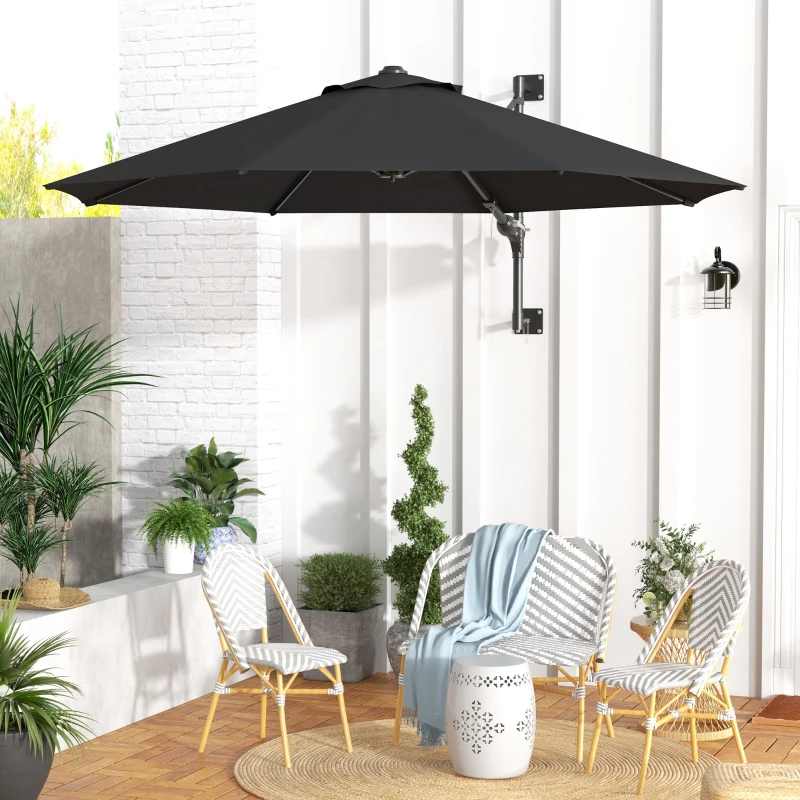 Outsunny Umbrelă de Grădină pentru Perete, Umbrelă cu Rotire la 180°, Manivelă și 8 Spițe cu Montare pe Perete, Ø2.92x1.23 m, Gri