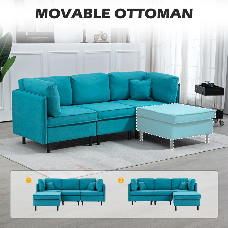 HOMCOM Canapea Secțională Convertibilă, Canapea în Formă de L cu Taburet Otoman Reversibil și Perne, 222x154,5x71 cm, Albastru