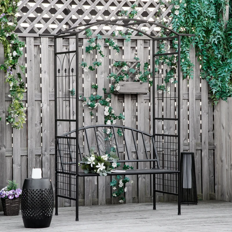 Outsunny Steel Frame Outdoor Garden Arch w/ 2-Seater Bench Flower Climber Black
