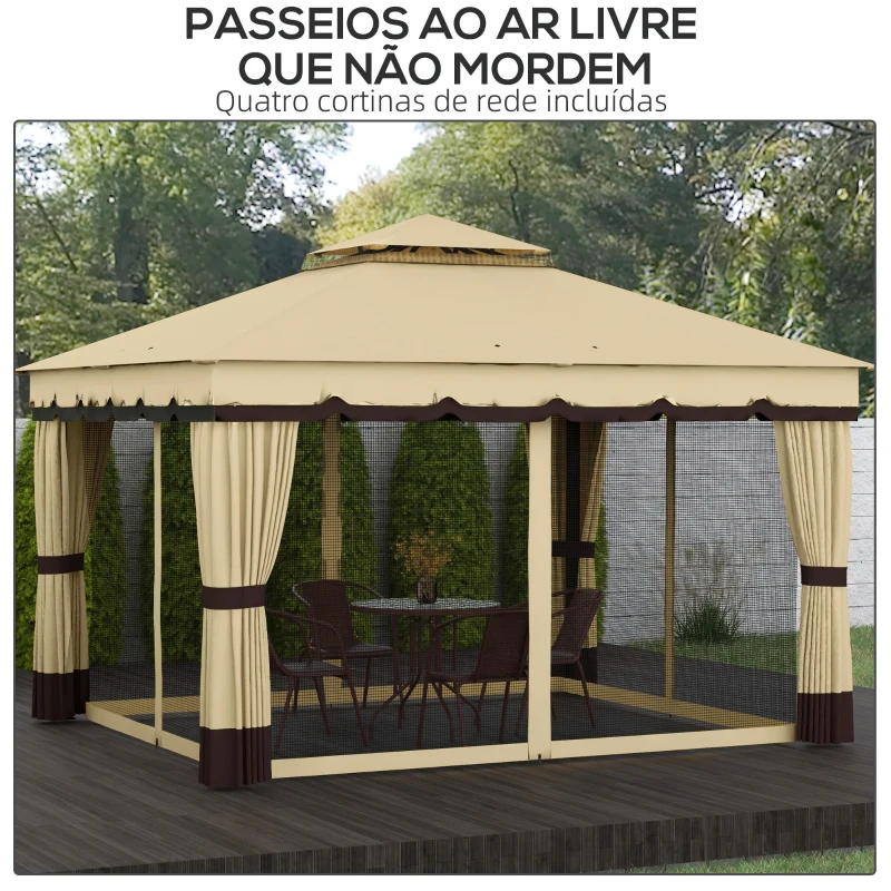 Outsunny Pérgola de Jardim 370x300x275 cm com 4 Paredes Laterais 4 Mosquiteiros Teto Duplo Impermeável e Anti-UV para Terraço Bege
