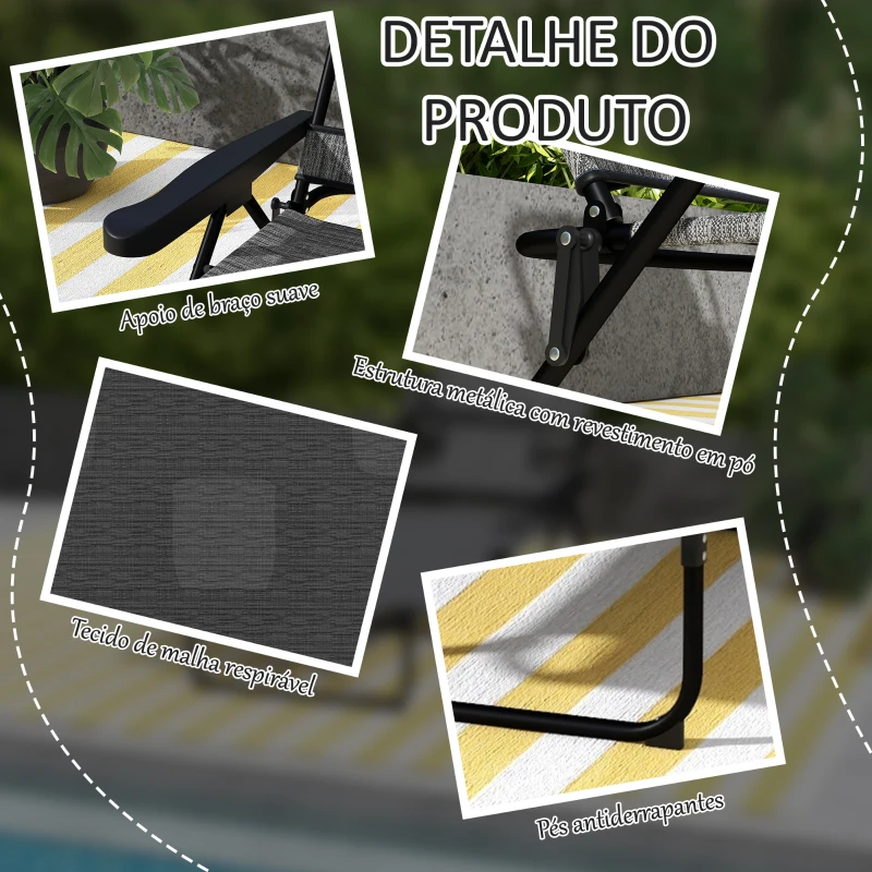 Outsunny Espreguiçadeira Dobrável de Jardim com Encosto Ajustável em 4 Níveis Orifício de Leitura e Almofada 194x72x31 cm Cinza