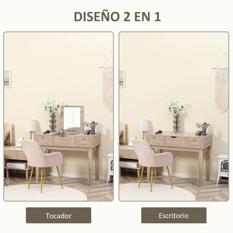 HOMCOM Tocador de Maquillaje con Espejo Abatible y 2 Cajones de Rejilla de Estilo Cannage 100x46x78,5 cm Roble