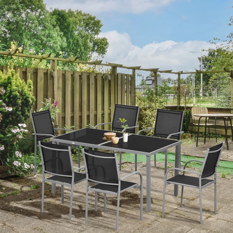 Outsunny 7 Piece Outdoor Garden Dining Set with Table and 6 Stackable Chairs, Steel Frame, Tempered Glass Top, Mesh Seats, Black