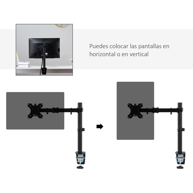 Vinsetto Soporte Monitor de PC para Pantalla LCD LED de 13"-32" VESA 75/100 mm con Brazo de Resorte de Gas Giratorio 360° Altura Ajustable 2 Opciones de Montaje 47x11,5x52 cm Negro