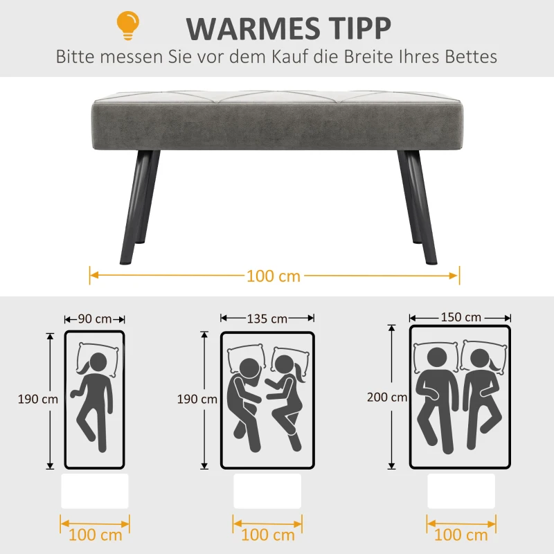 HOMCOM Grijze Zitbank Beklede Bank Bedbank, Fluweelachtige Look, 100 x 36 x 45 cm