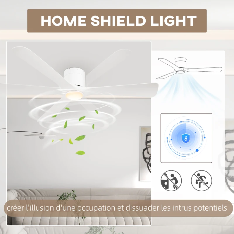HOMCOM Ventilateur de plafond réversible avec lumière LED 6 vitesses silencieux télécommande diamètre 132 cm blanc