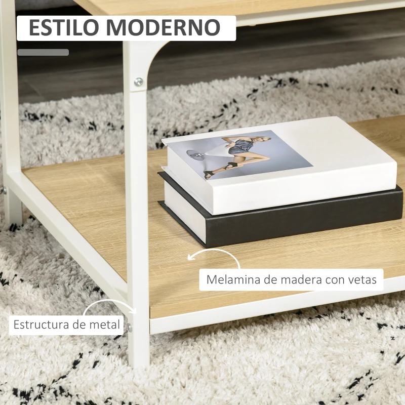 HOMCOM Mesa de Centro Mesa para Salón Moderna con Estante de Almacenamiento y Marco de Acero para Oficina 100x54x45,8cm Natural