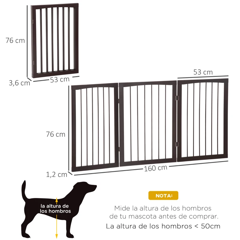 PawHut Barrera de Seguridad Plegable de 3 Paneles 160x76 cm Rejilla de Protección para Perros Pequeños para Puertas Escaleras Pasillos Café Oscuro