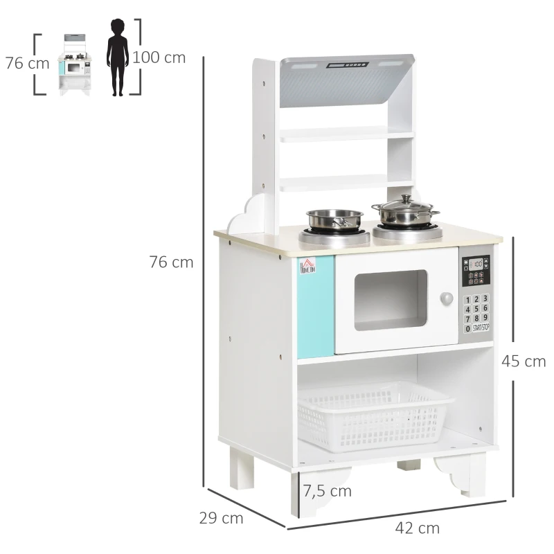 HOMCOM Cocina de Juguete de Madera para Niños de +3 Años Cocinita Infantil con Cesta de Almacenaje Accesorios Utensilios Estufa y Microondas 42x29x76 cm Blanco